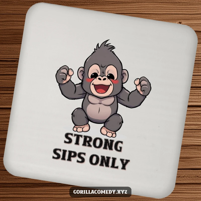 Funny drink coasters featuring a cute Kawaii gorilla character flexing its tiny biceps, symbolizing adorable strength. Protects furniture with humor.