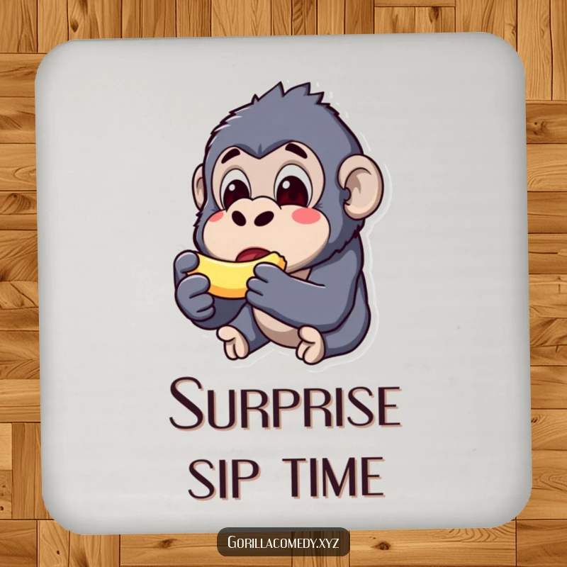 Funny kawaii gorilla coaster, surprised expression, holding a tiny banana, cute drink accessory, comical table protector.