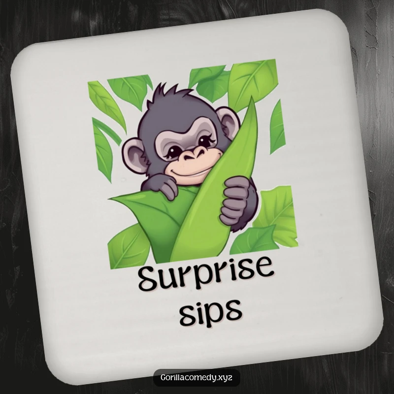 Funny coasters featuring a mischievous gorilla winking from behind a leaf, providing humorous and charming protection for drinks.
