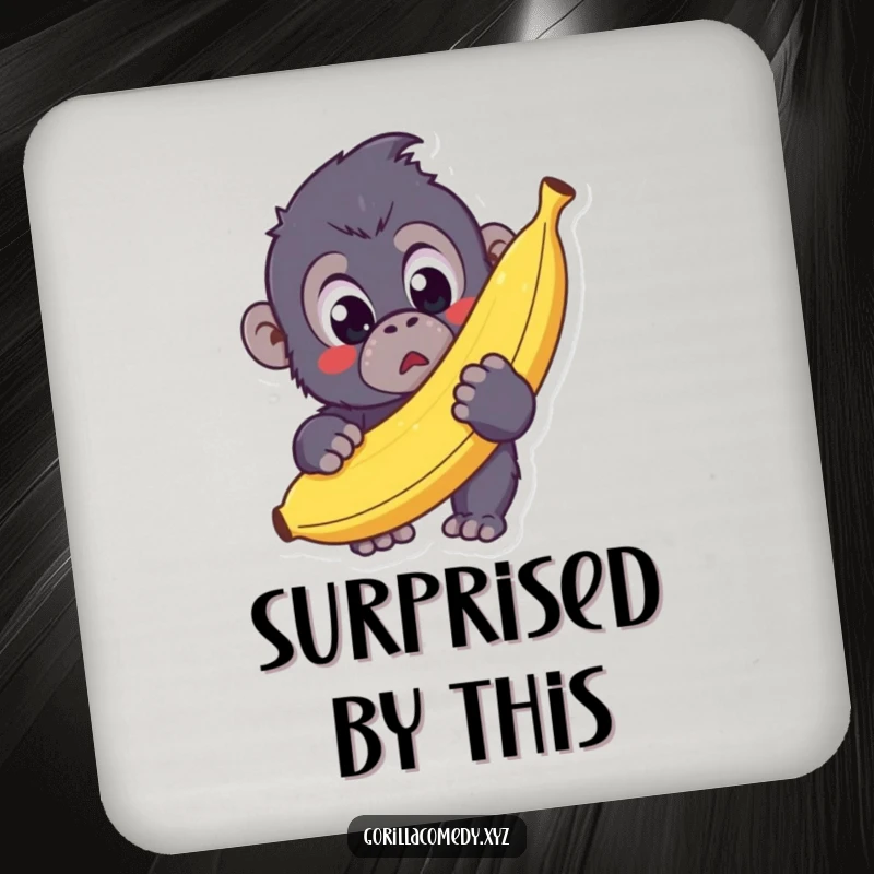 Funny Kawaii Gorilla Coaster featuring a surprised gorilla holding a giant banana, protecting surfaces with adorable humor.