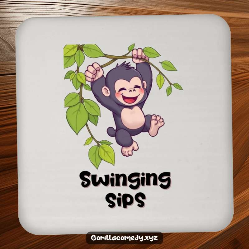 Funny kawaii gorilla coaster, joyfully swinging, from a vine, cute drink accessory, humorous table protector.