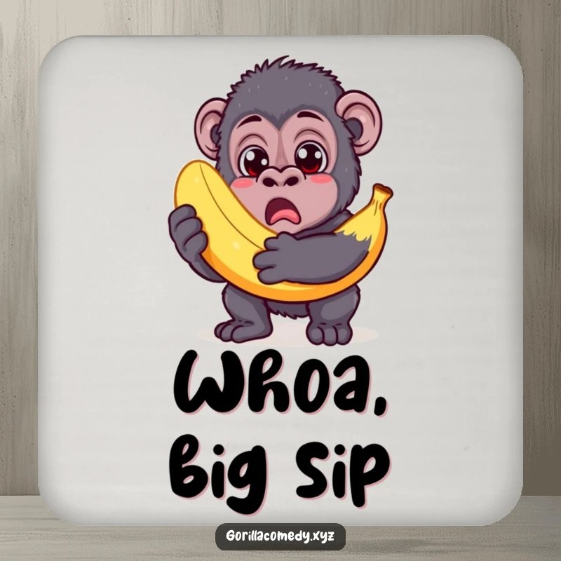 Funny Gorilla Coaster: Surprised gorilla holding a comically large banana, humorously protecting surfaces.