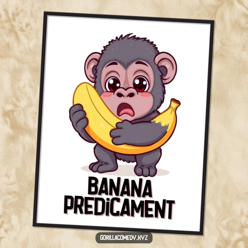 Funny Gorilla Poster: Surprised gorilla with wide eyes, holding an oversized banana, a humorous wall art.