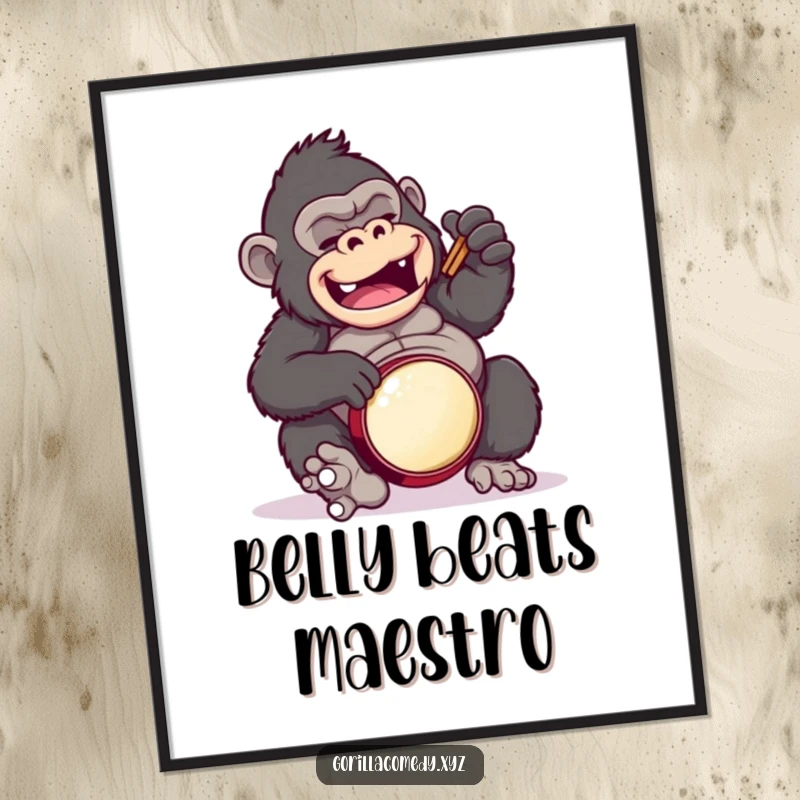 Funny gorilla poster, showing a gorilla comically attempting a clumsy drum solo on its belly, full of energy.