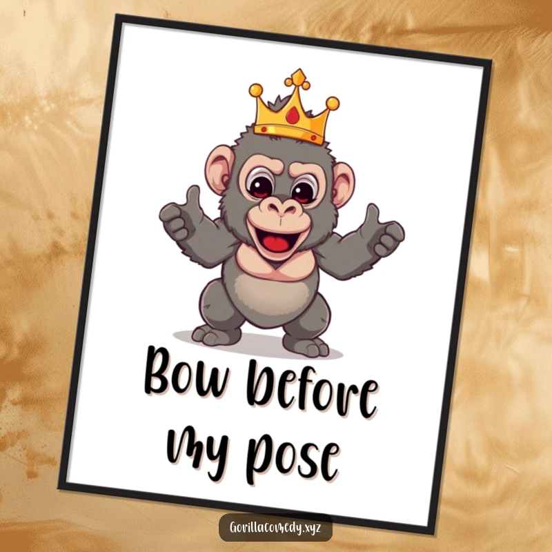 Funny King Gorilla art poster depicting a crowned primate striking a dramatic and funny pose, ideal for humorous wall decor.