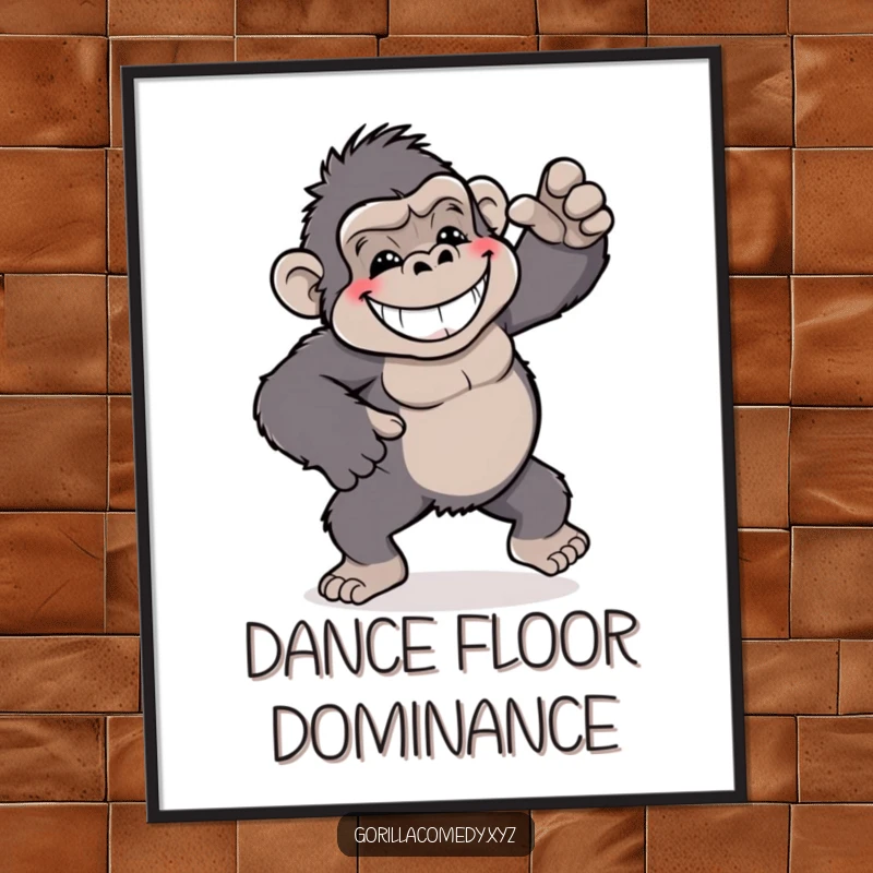 Funny gorilla poster, showing a grinning ape performing a playful and silly dance with vibrant energy.