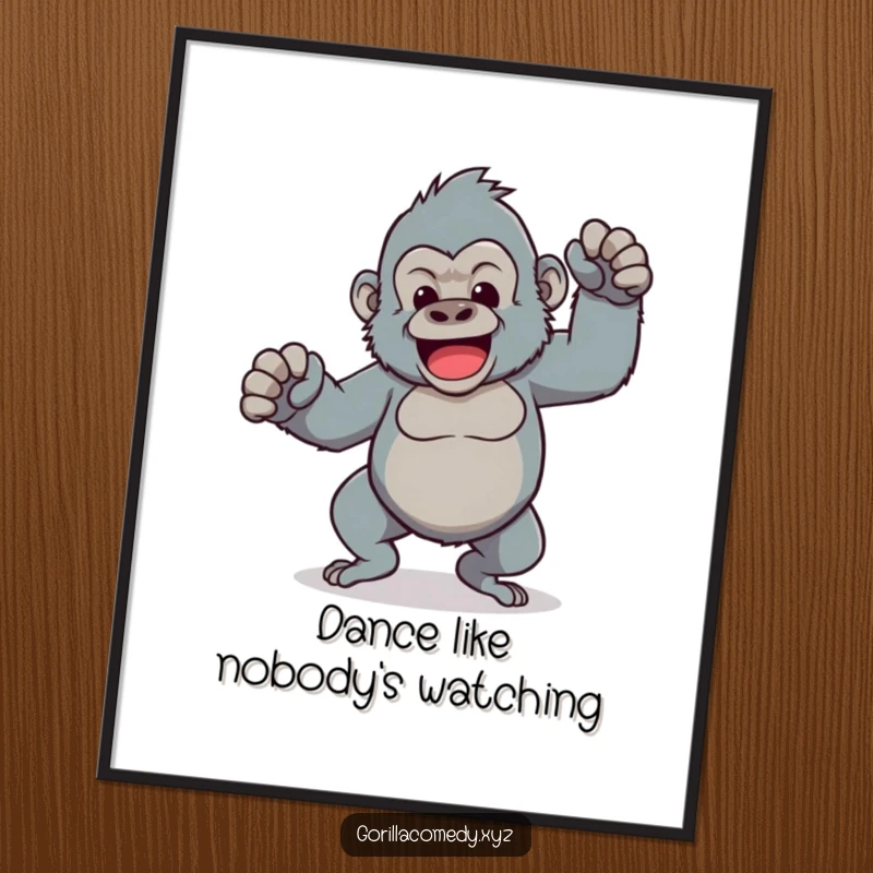 Funny poster illustration of a Kawaii gorilla character doing a comical dance with wobbly legs, radiating pure, silly fun.