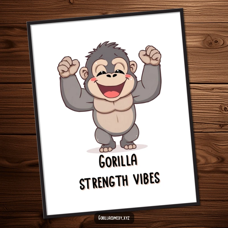 Funny Gorilla Art Print showing a cute gorilla joyfully pounding its chest with a big smile, radiating strength and positive energy.