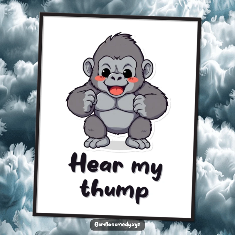 Funny Gorilla Chest Pound Poster: High-quality art of a playful gorilla character rhythmically pounding its chest with a thump, offering primal humor, great funny gift.