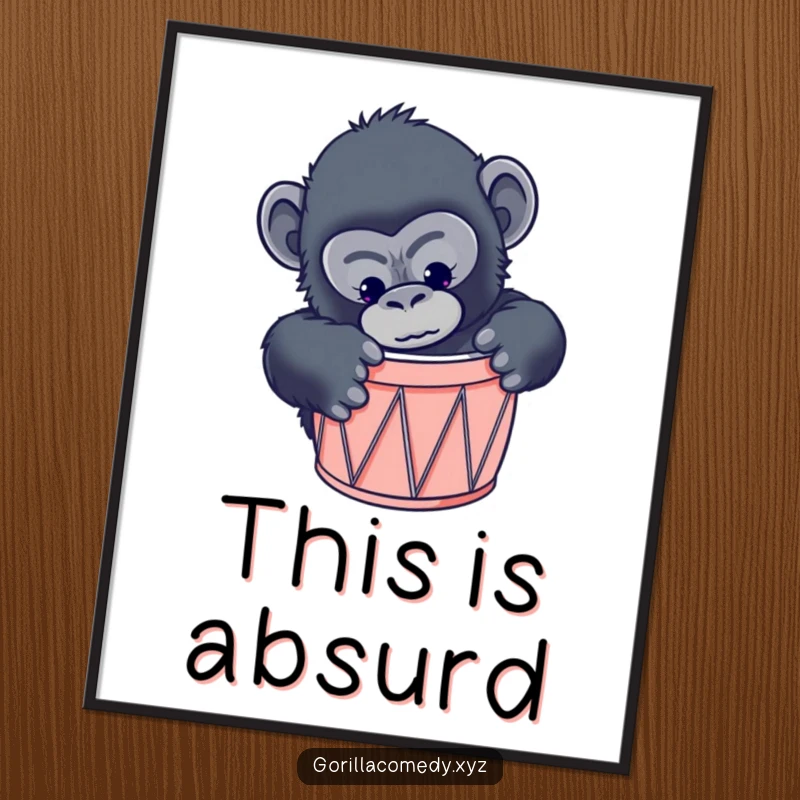 Funny gorilla drum art poster featuring a curious primate hilariously attempting to fit inside a drum that is way too small.