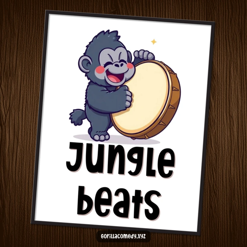 Funny Gorilla Drummer Poster showcasing a cute kawaii gorilla character happily banging on a large drum, adding energetic, humorous art.
