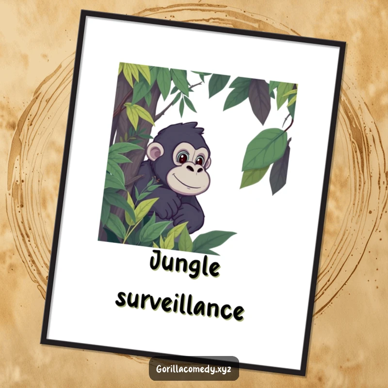 Funny Gorilla Jungle Poster: Cartoon gorilla peeking from dense jungle foliage, radiating jungle mystery. Perfect funny gift.