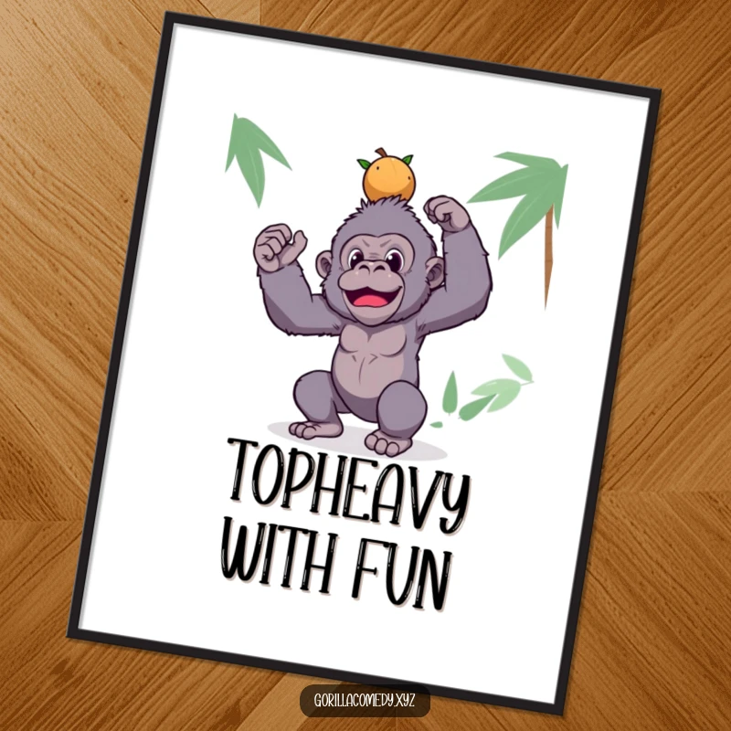 Funny gorilla poster depicting a silly ape balancing a stack of coconuts on its head, creating a humorous wall art.