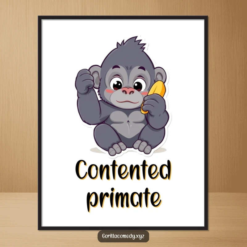 Funny Kawaii gorilla poster, featuring a wide-eyed ape character examining a single banana with profound curiosity and playful intent.