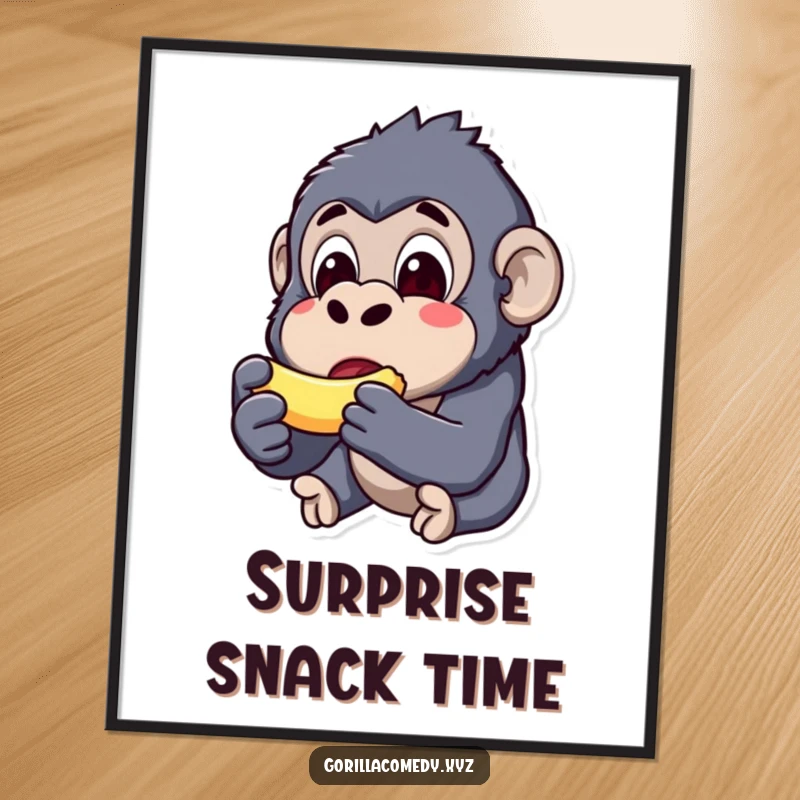 Funny kawaii gorilla poster, surprised expression, eating a small banana, humorous wall art, cute animal illustration.