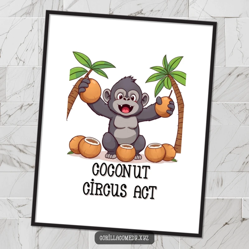 Funny Kawaii gorilla in a dynamic, comical pose, juggling coconuts on a vibrant and humorous poster.