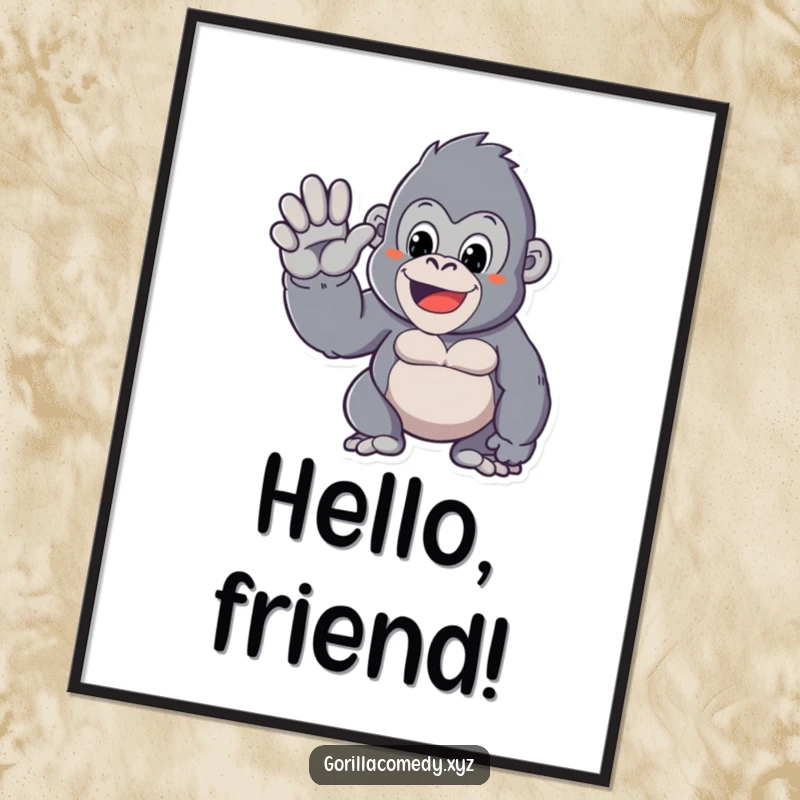 Funny poster illustration of a Kawaii gorilla character giving a large, friendly wave with its hand, radiating charm and warmth.
