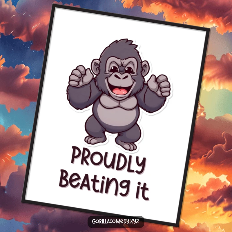 Funny gorilla poster print of a cheerful ape character proudly beating its chest rhythmically, symbolizing strength and joy for wall decor.