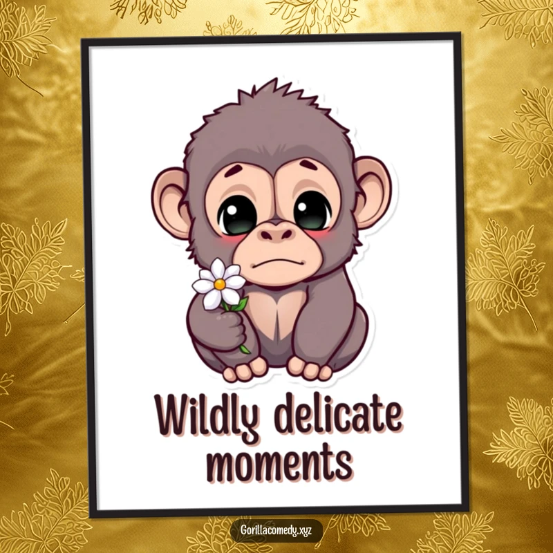 Funny gorilla poster art of a wide-eyed, startled ape holding a small flower, capturing a moment of sweet surprise and humor.