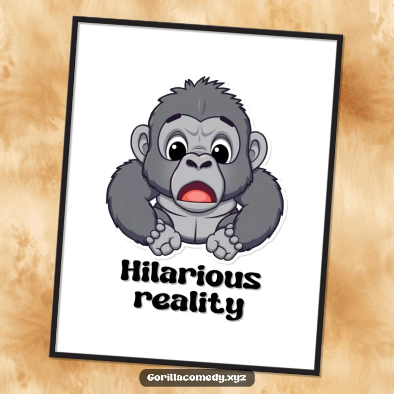 Funny poster print of a gorilla expressing extreme surprise with its mouth agape, ideal for humorous wall art.