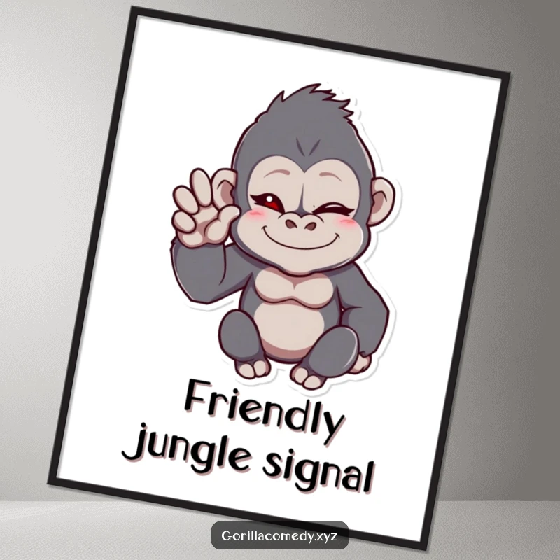 Funny gorilla poster art of a winking ape with one hand raised in a friendly wave, creating a welcoming and humorous vibe.