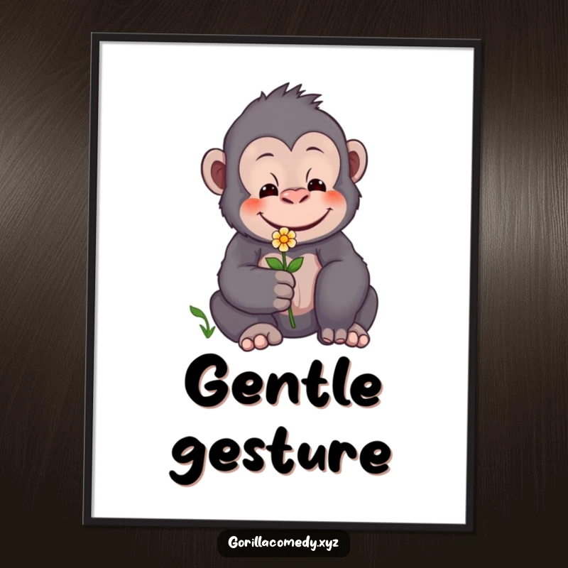 Funny poster art of a gentle gorilla with a warm smile, presenting a tiny flower, evoking feelings of care.