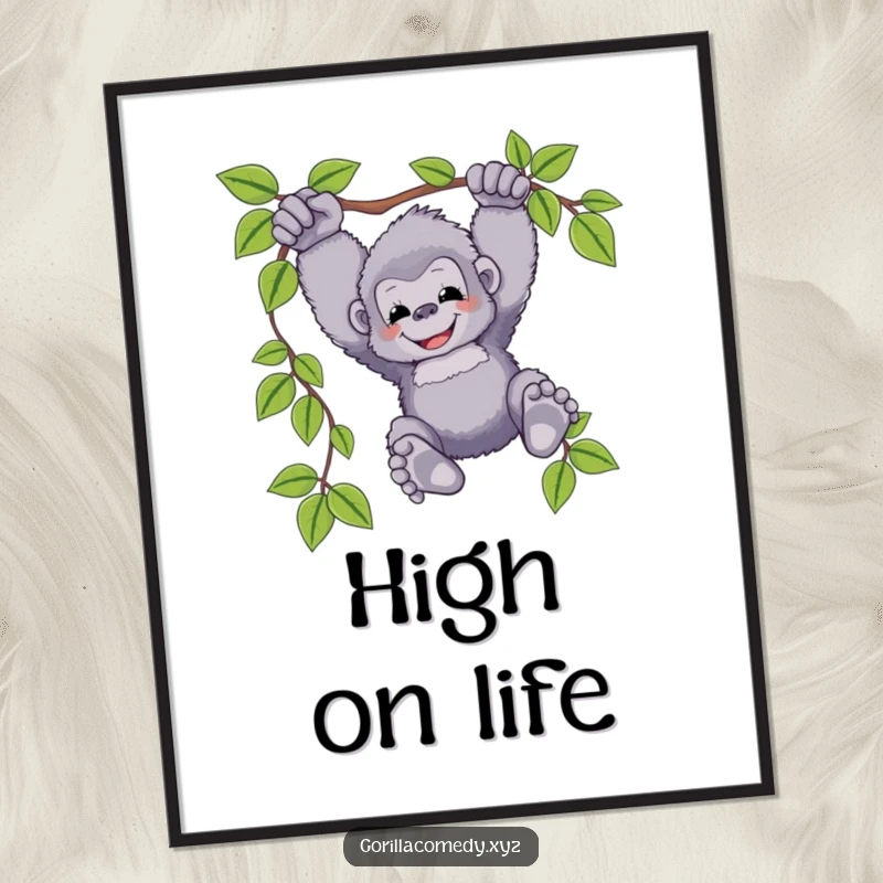 Funny gorilla poster art of a fluffy ape character joyfully swinging from a vine, feet dangling, bringing a sense of adventure and happiness.