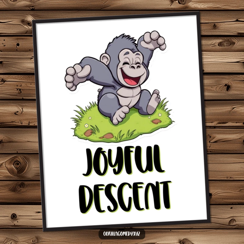 Funny Gorilla Hill Poster: Stylized gorilla joyfully tumbles down a grassy hill, radiating pure delight. Perfect funny gift.