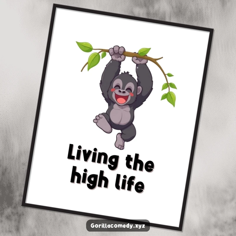 Funny poster of a joyful gorilla swinging triumphantly from a vine with a loud yell, creating an energetic and celebratory atmosphere.