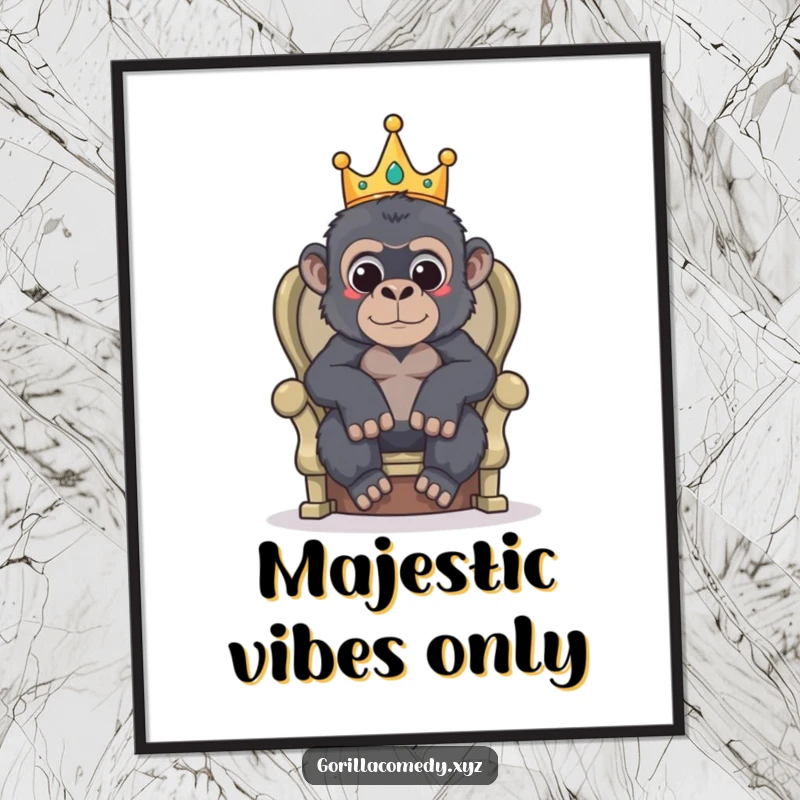 Funny poster illustration of a gorilla wearing a tiny crown and sitting on a makeshift throne.