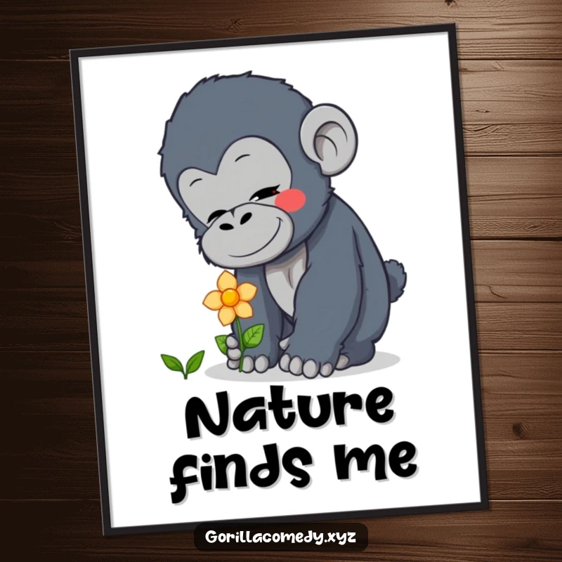 Funny curious gorilla poster art of a character gently patting a flower, conveying tenderness and nature's beauty, a funny gift.