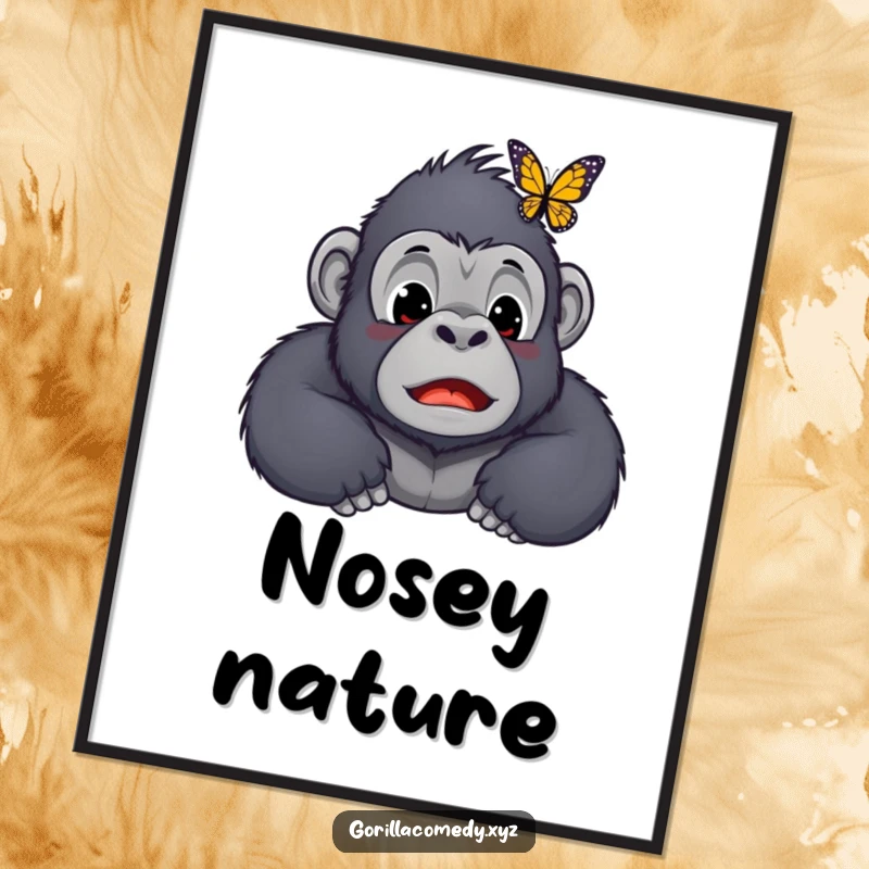 Funny Kawaii gorilla poster, featuring a surprised ape character with wide, startled eyes and a butterfly resting delicately on its nose.