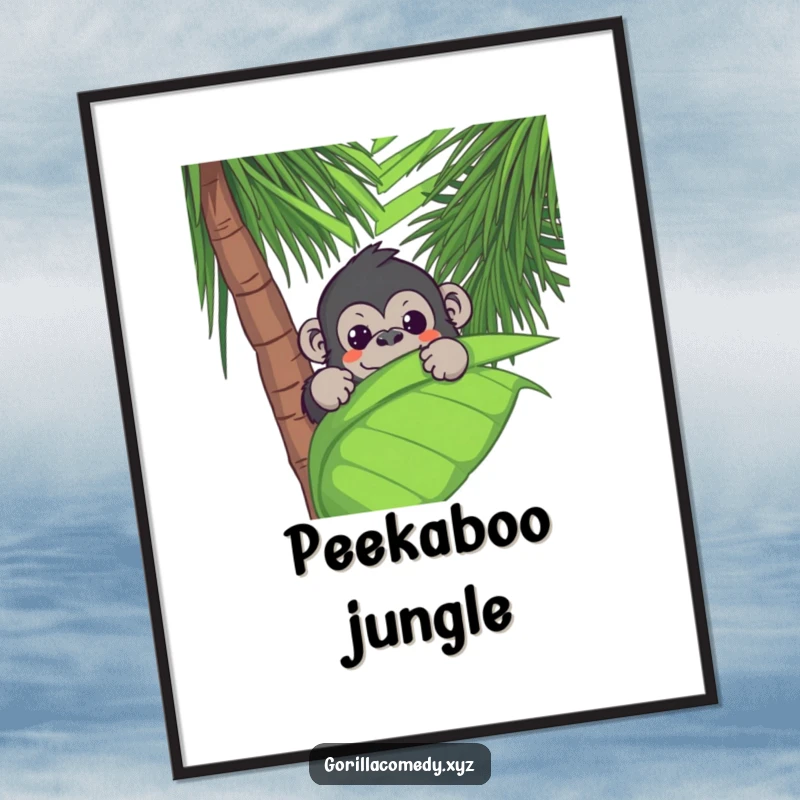 Funny Kawaii gorilla peeking from a vibrant palm leaf, creating a whimsical and humorous jungle-themed poster.