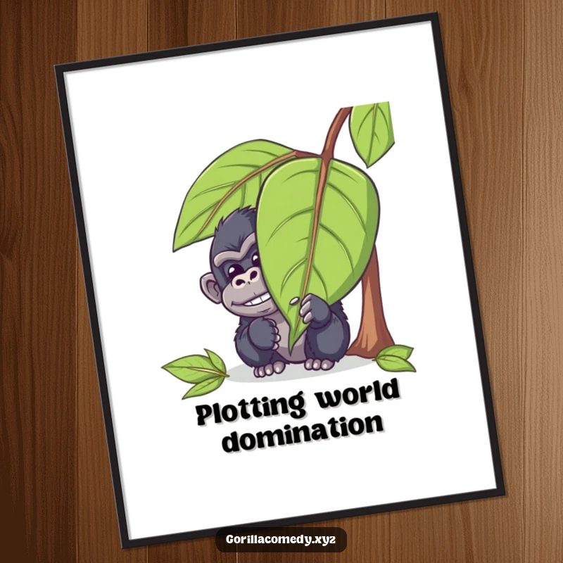 Funny gorilla poster print of a mischievous ape character hiding behind a large leaf, peeking out with a chuckle, for playful wall decor.