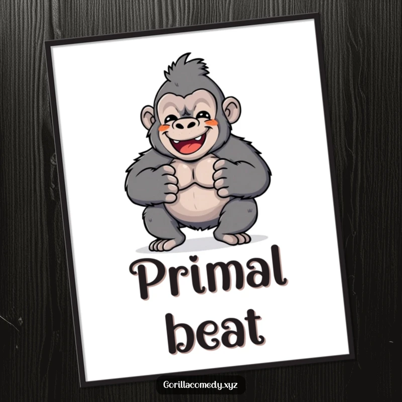 Funny poster art showing a cute Kawaii gorilla character energetically beating its chest with a wide grin. Great motivational art.