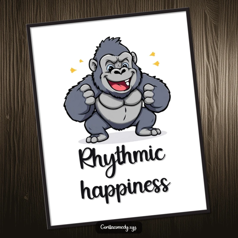 Funny poster art of a cheerful gorilla pounding its chest rhythmically, conveying pure happiness and celebratory energy.