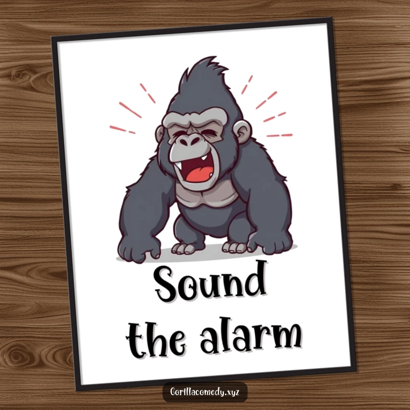 Funny, artistic poster featuring a gorilla unleashing a mighty roar, with bold, graphic sound waves radiating outwards to convey its power.