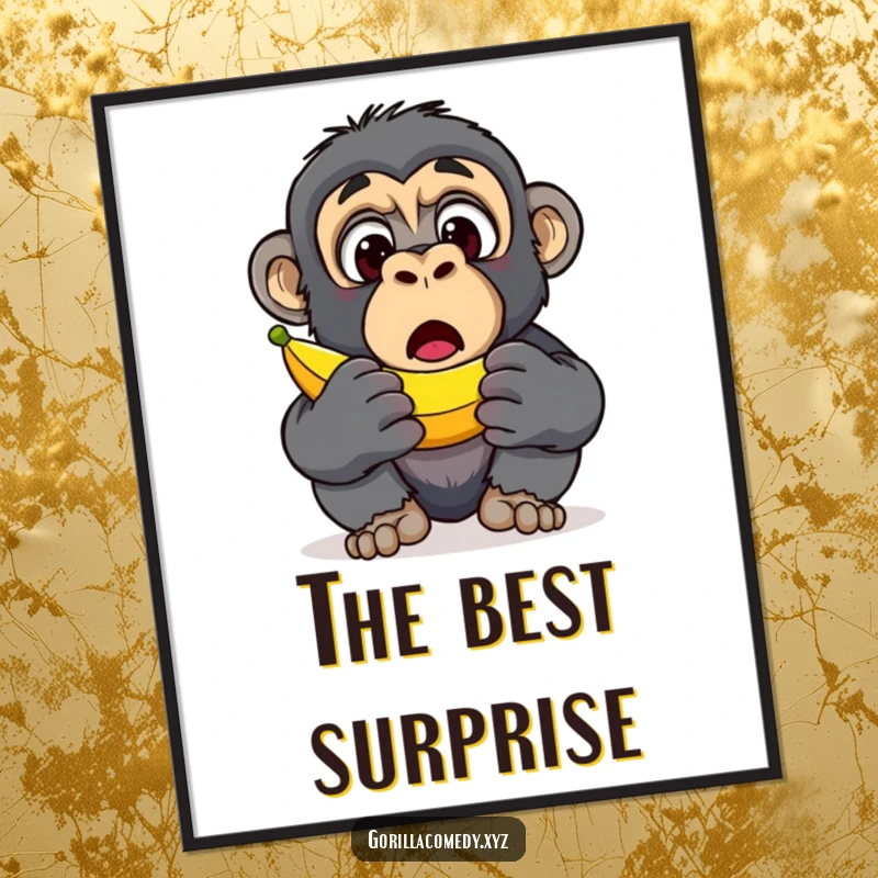 Funny Gorilla Banana Discovery Poster: High-quality art of a surprised gorilla character with wide eyes upon discovering a banana, offering pure funny joy, gift.