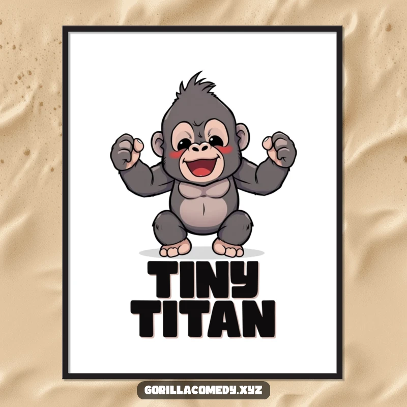 Funny poster art showing a cute Kawaii gorilla character joyfully flexing its minuscule biceps. Great motivational art.