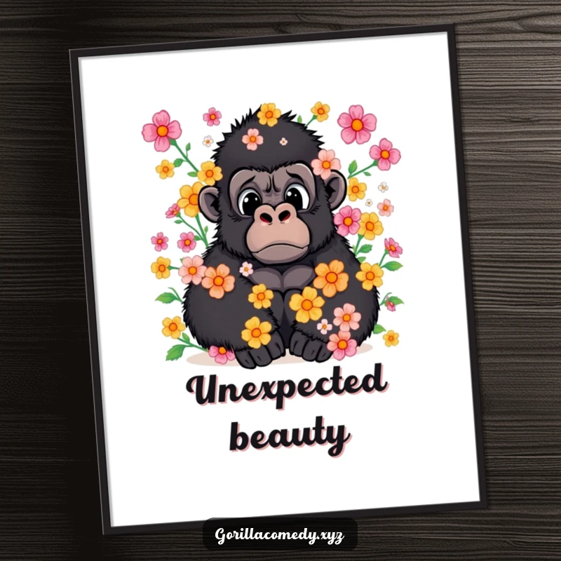 Funny poster illustration of a gorilla with a surprised expression, covered in a cascade of flowers.