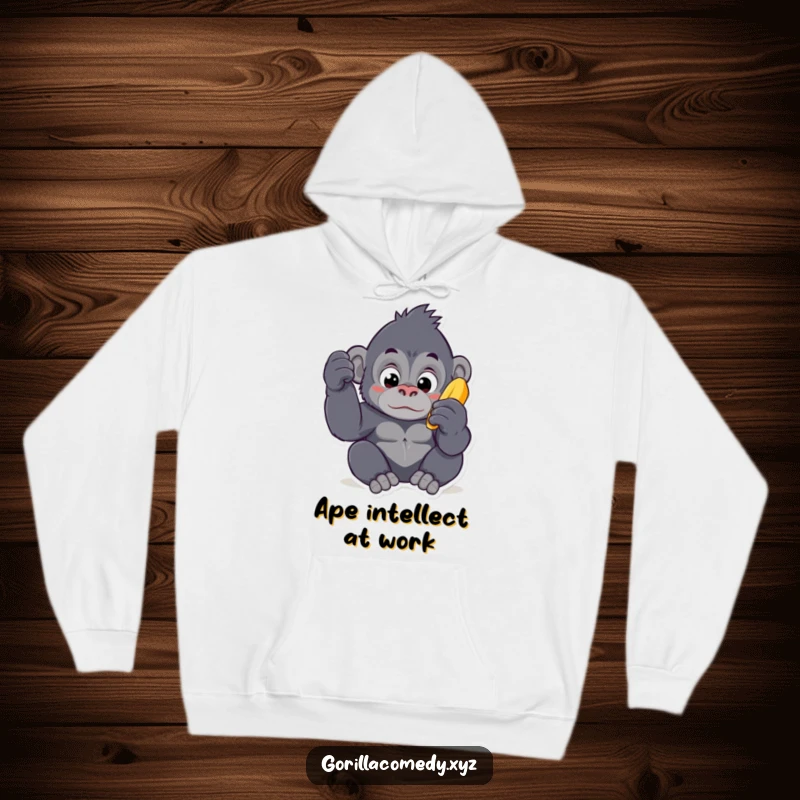 Funny Kawaii gorilla hoodie, showing a curious ape character inspecting a banana with wide, expressive eyes, perfect for cozy, humorous wear.