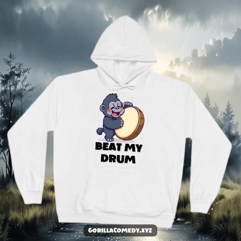 Funny Gorilla Drummer Hoodie showing a cute kawaii gorilla character happily banging on a large drum, offering cozy, energetic fun.