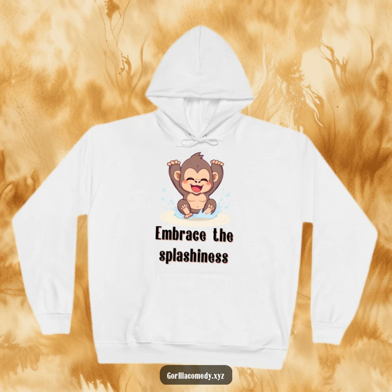 A playful funny kawaii gorilla is gleefully splashing in a puddle, depicted on a warm and cozy hoodie for ultimate comfort and fun.