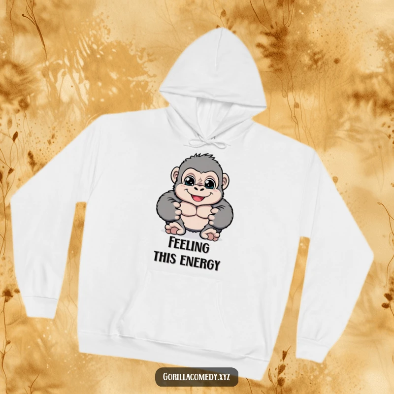 Funny cheerful gorilla hoodie with big bright eyes playfully pounding its chest, offering warmth and a playful vibe, a fantastic funny gift.