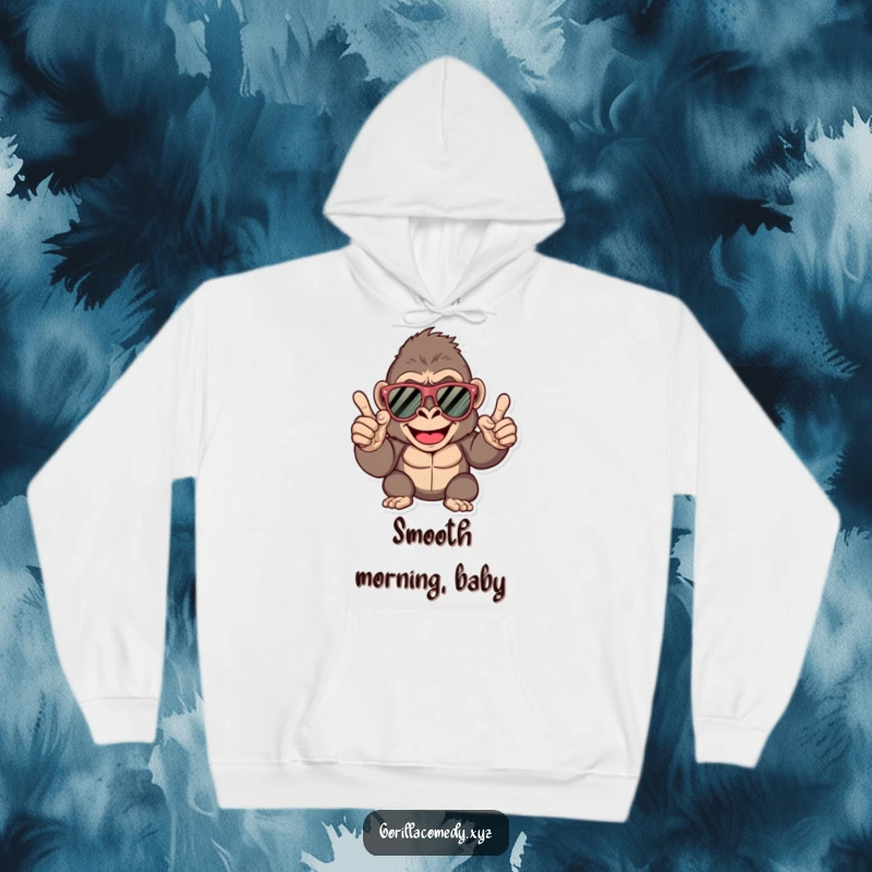 Funny gorilla hoodie, happy character with oversized sunglasses, confidently giving a finger snap, perfect for casual style.