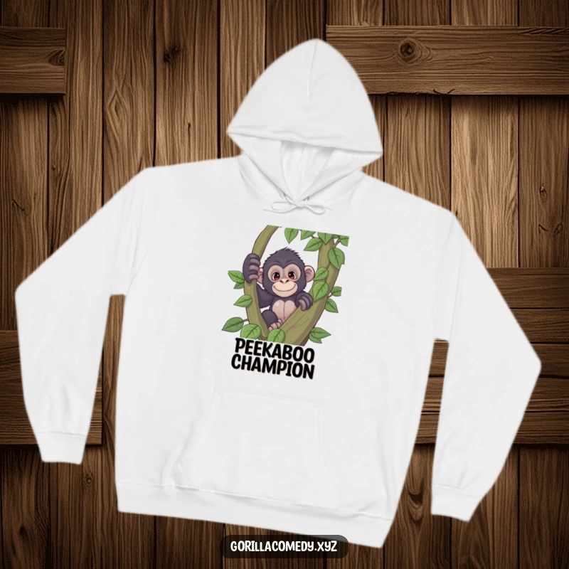 Funny playful gorilla hoodie with a curious expression peeking from behind a large vine, offering warmth and a sense of playful mystery, a great gift.