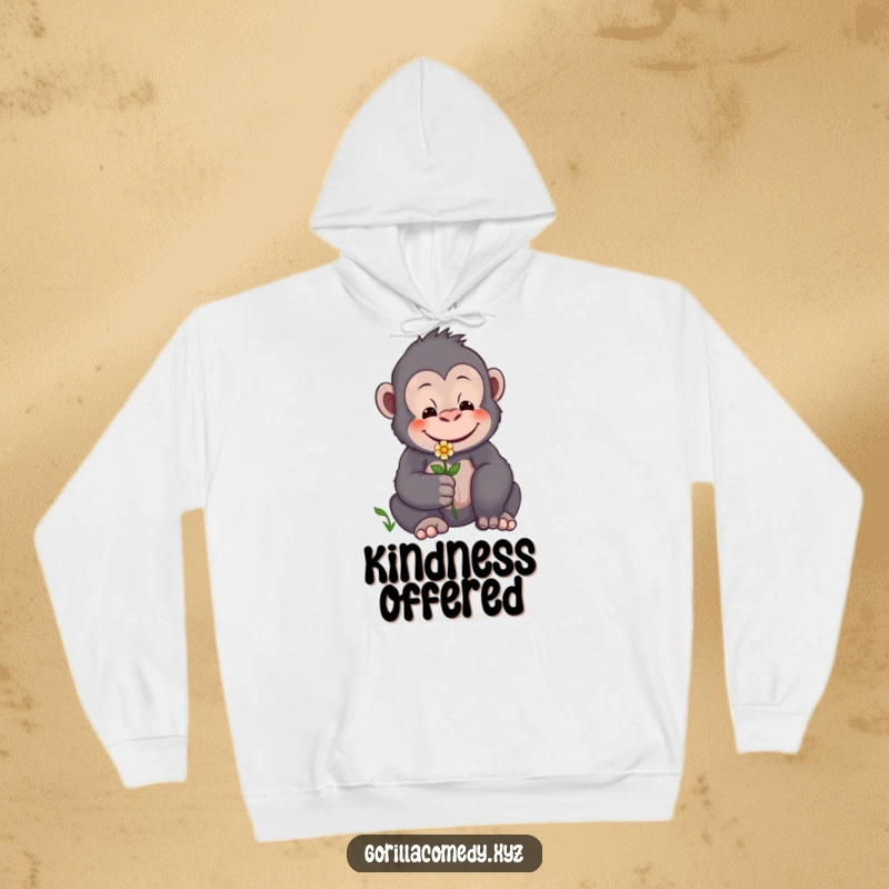 Funny hoodie showing a gentle gorilla with a caring smile, offering a tiny flower, designed for warmth and kindness.