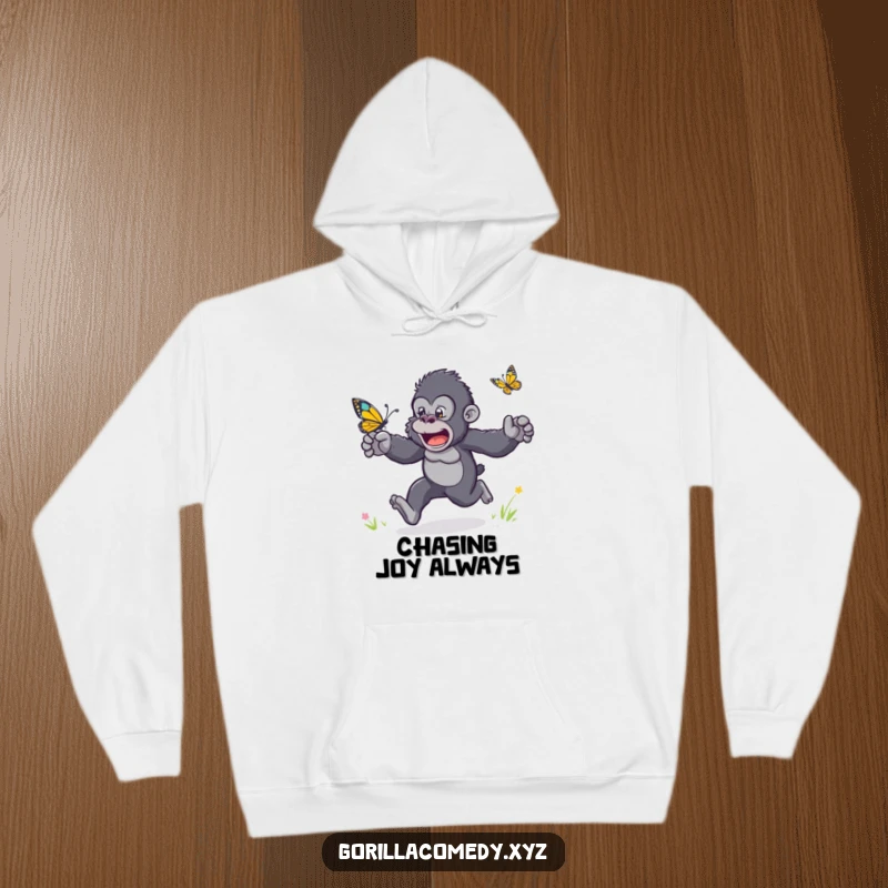 Funny hoodie showing a gorilla with arms flailing, excitedly chasing a fluttering butterfly.