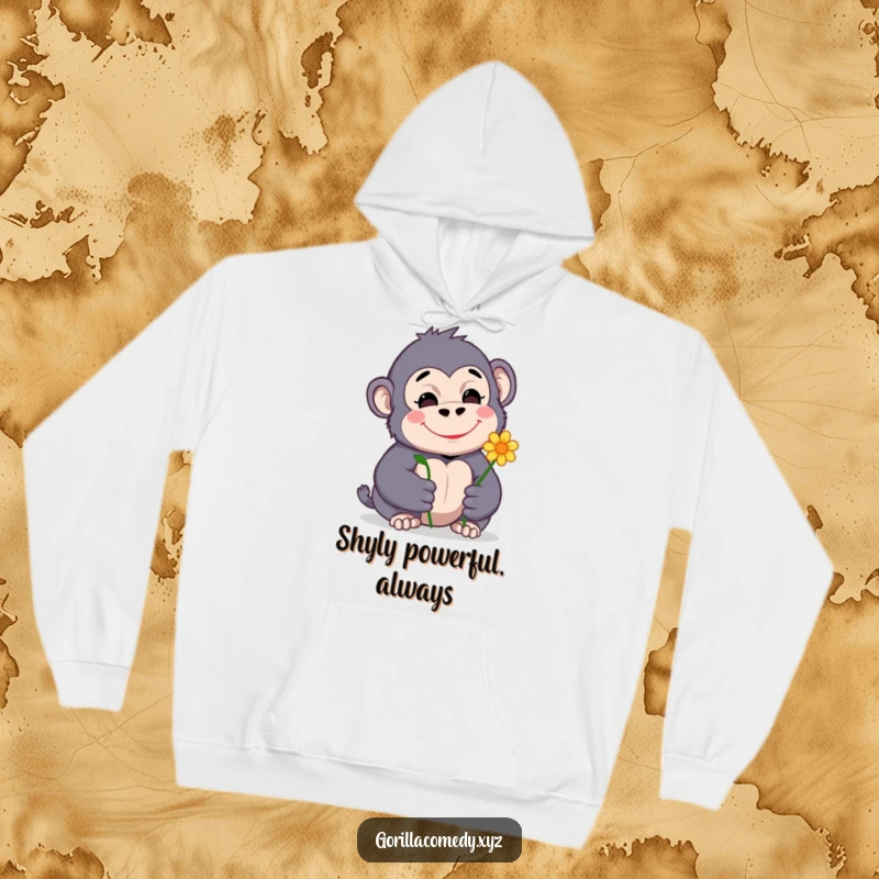 Funny, warm hoodie showcasing a shy gorilla character offering a flower with a gentle, joyful expression on its face.