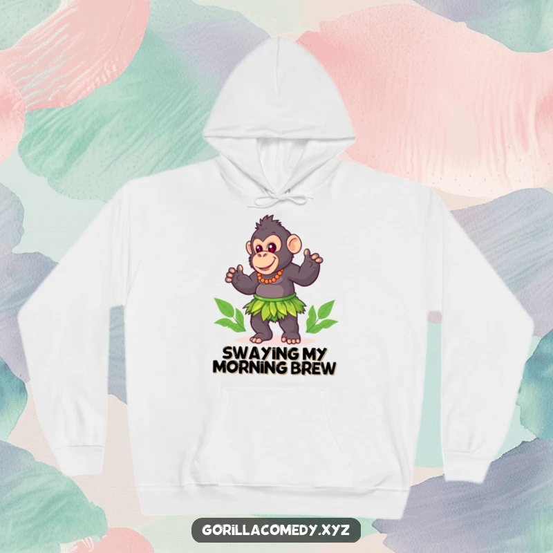 Funny gorilla hoodie, cute character wearing a grass skirt, joyfully performing a playful hula dance, cozy and fun.